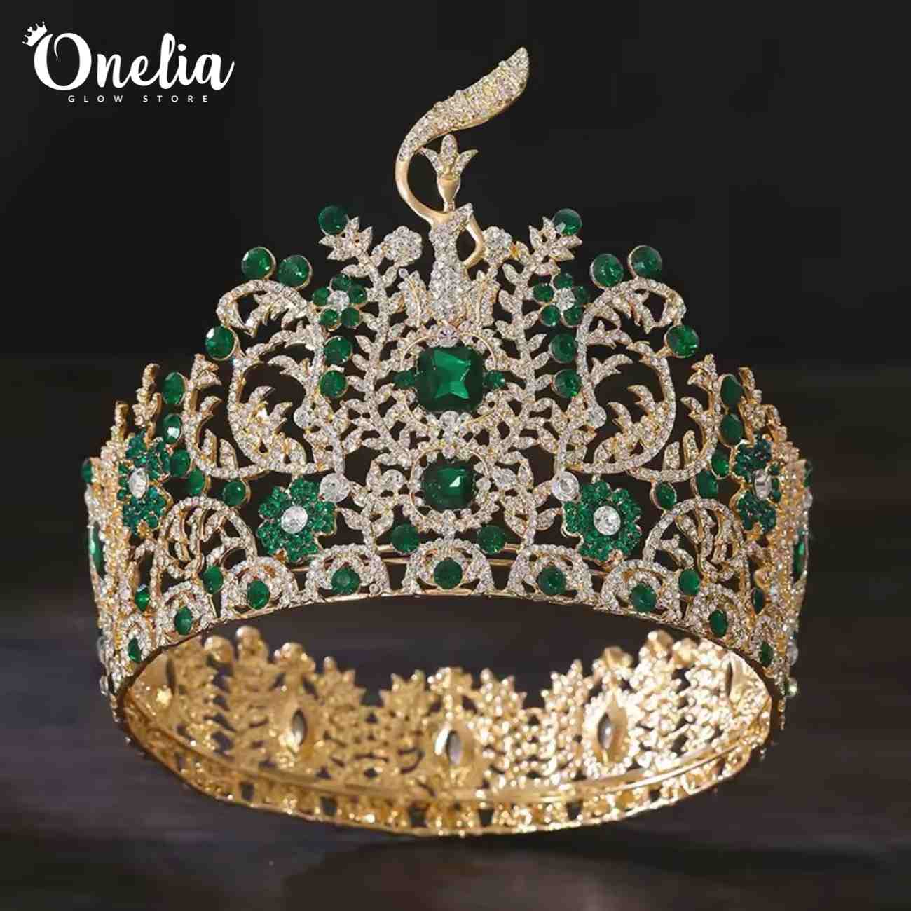 REGINA – Corona dorada con piedras verdes 15.1cm alto – Onelia – Onelia  Glow Store, image size:1300x1300