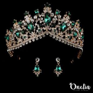 Set tiara corona y aretes dorado pedreria strass verde Novias & Quinceaneras
